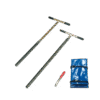 The One-Piece Gouge Auger Set – Soft Soils includes two T-handle soil probes, a metal tool with a red handle, and a folded blue carrying pouch arranged on a white background.
