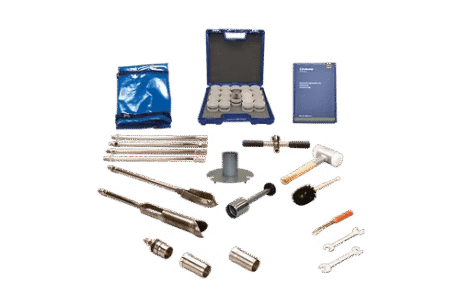 The Soil Sampling Ring Kit - Model C60 includes rings, rods, a mallet, a blue case with metal parts, a manual, and accessories, all neatly arranged on a white background.