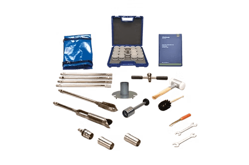 The Soil Sampling Ring Kit - Model C60 includes rings, rods, a mallet, a blue case with metal parts, a manual, and accessories, all neatly arranged on a white background.