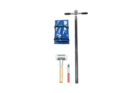 The One-Piece Gouge Auger Set - Hard Soils includes a T-shaped soil probe, a mallet with a wooden handle, and a tool with a red handle, all in a blue carrying case, displayed on a white background.