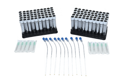The Rhizon Soil Moisture Sampling Set includes two racks of test tubes, eight long blue-capped sampling needles, and eight individually wrapped needles displayed on a white background.