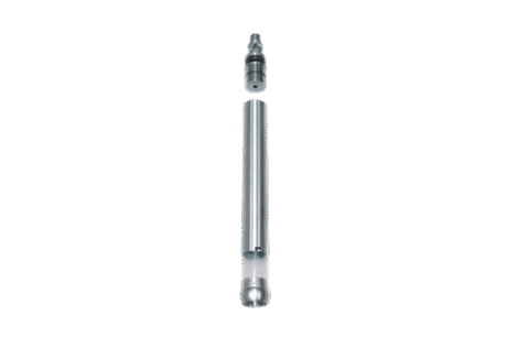 The Liner Sampler Set – Soft Soils, a cylindrical metal tool, is displayed disassembled into three parts and aligned vertically against a plain light background.