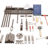 The Soil Coring Kit - Chemical Research is displayed on a white surface, featuring metal rods, sampling tubes, a mallet, spanners, a manual, and assorted tools neatly arranged in rows.