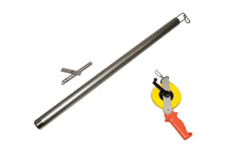 A bailer sampler, cleaning rod, and a yellow-and-orange reel with measuring tape are displayed on a plain white background.