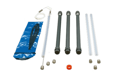 The Liquid Layer Sampler - Cable Operated is shown on a white surface with a blue pouch, three black rods, three clear tubes, metal fittings, a wire loop, a thin rod, and an orange ring.